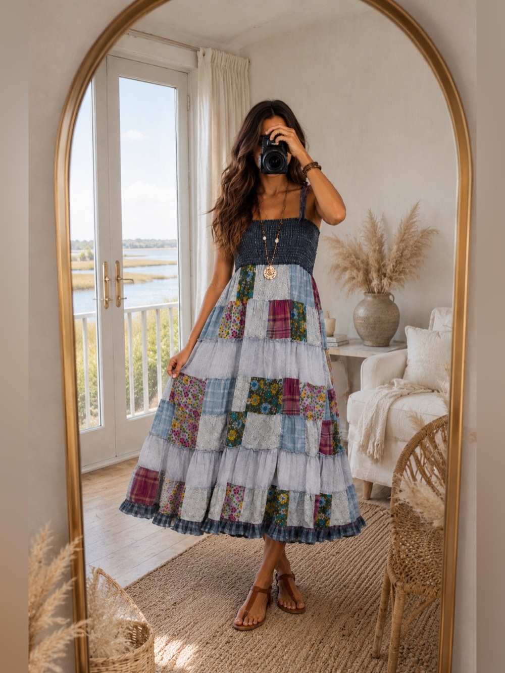 NWT Young Threads Patchwork Boho Smocked Midi Dress Blue Floral Flowy Medium